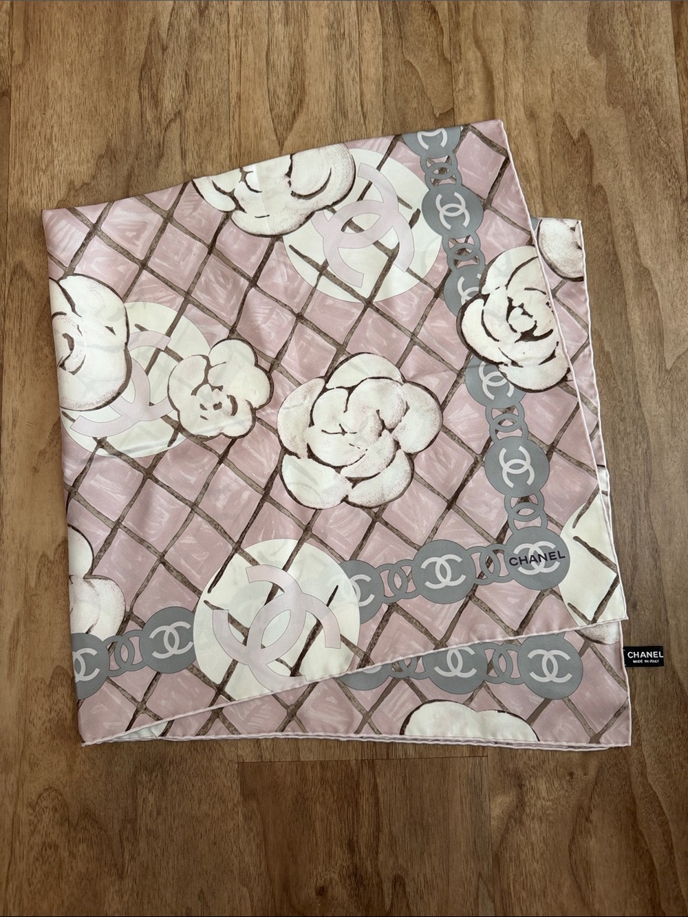 CHANEL Pale Pink Camellia & CC Chain Silk Scarf
